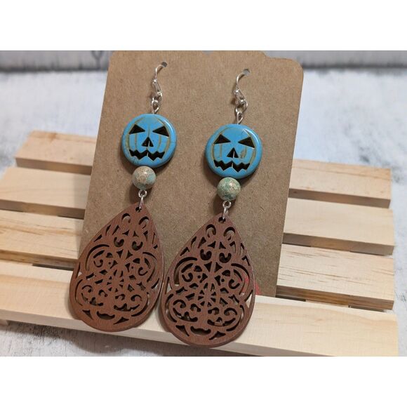 Turquoise Pumpkin and Natural Wood Filigree Earrings - Picture 1 of 5